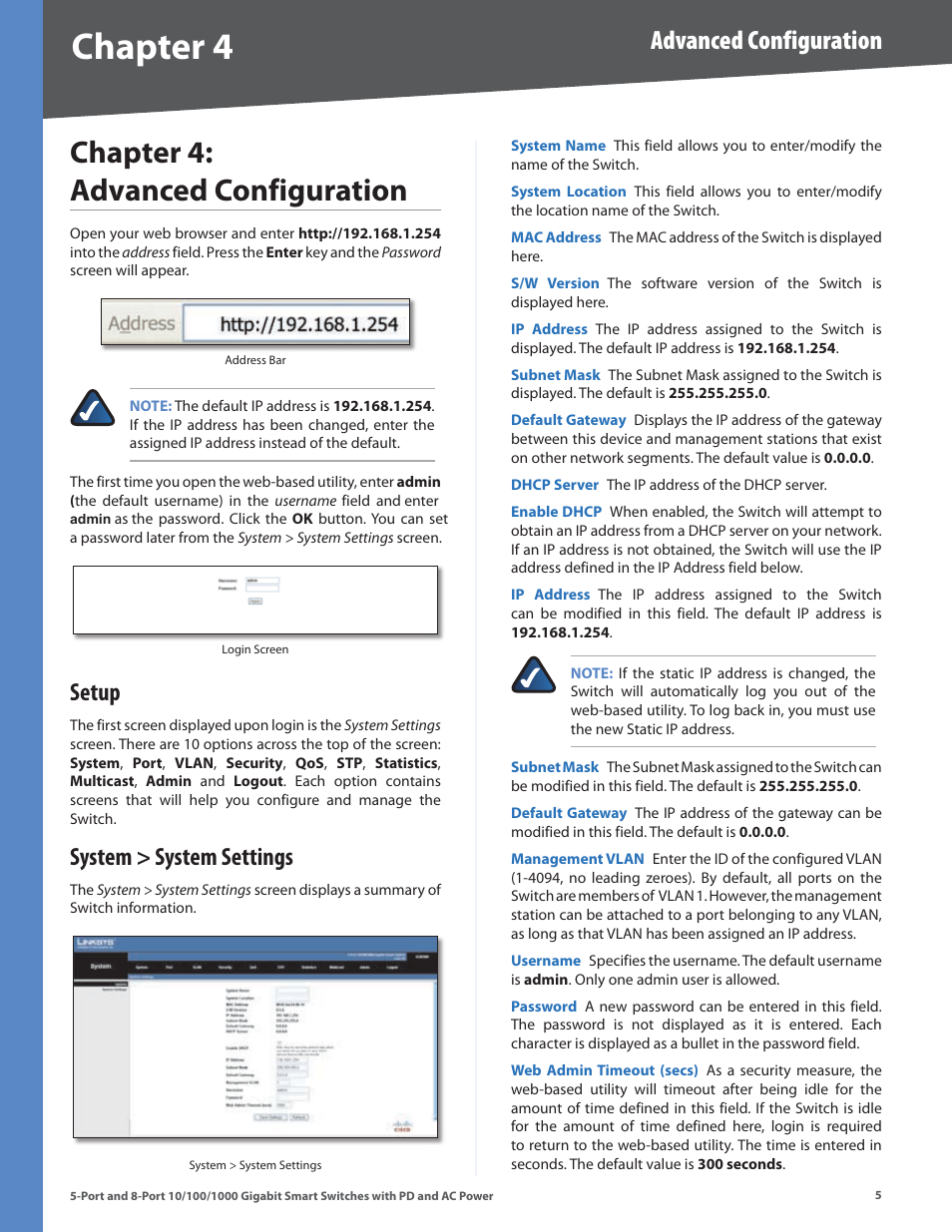 Chapter 4: advanced configuration, Setup, System > system settings | Setup system > system settings, Chapter, Chapter : advanced confguraton, Advanced configuration | Linksys SLM2005 User Manual | Page 9 / 32