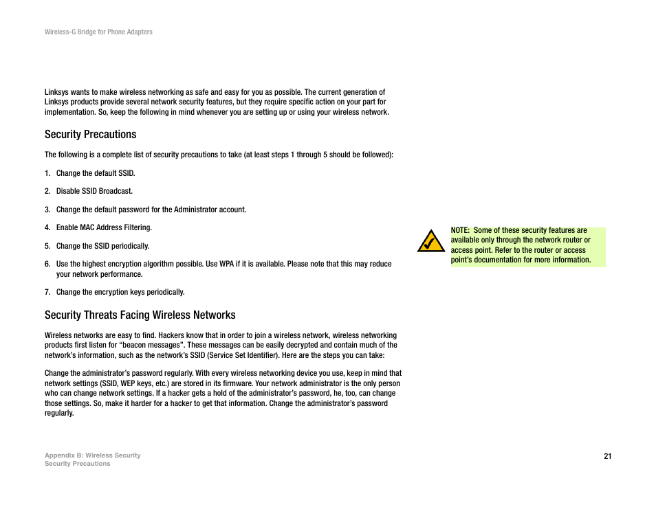 Appendix b: wireless security, Security precautions, Security threats facing wireless networks | Linksys WBP54G V2 User Manual | Page 27 / 52