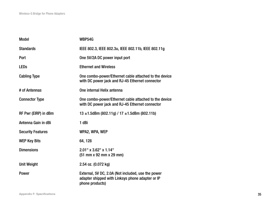 Appendix f: specifications | Linksys WBP54G V2 User Manual | Page 41 / 52