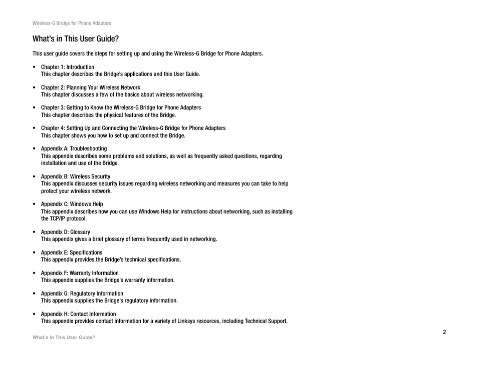 What’s in this user guide | Linksys WBP54G V2 User Manual | Page 8 / 52