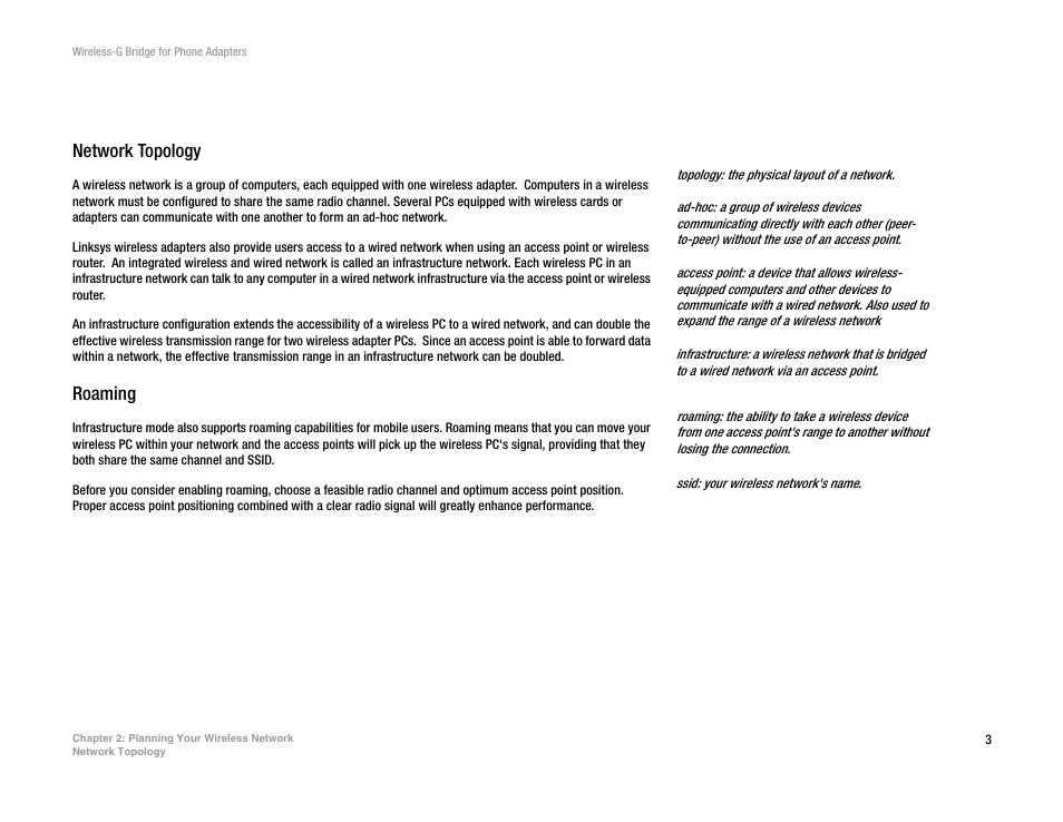 Chapter 2: planning your wireless network, Network topology, Roaming | Linksys WBP54G V2 User Manual | Page 9 / 52