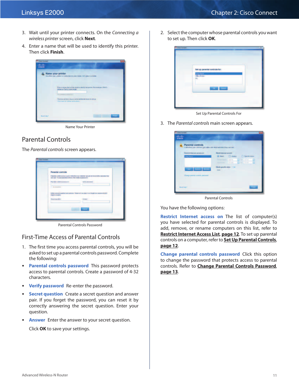 Parental controls, First-time access of parental controls | Linksys E2000 User Manual | Page 11 / 59