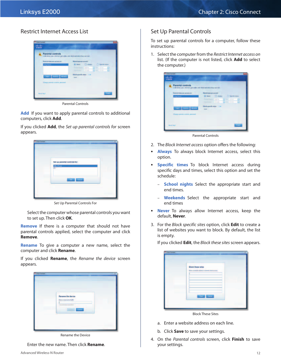 O set up parental controls, Restrict internet access list, Set up parental controls | Linksys E2000 User Manual | Page 12 / 59