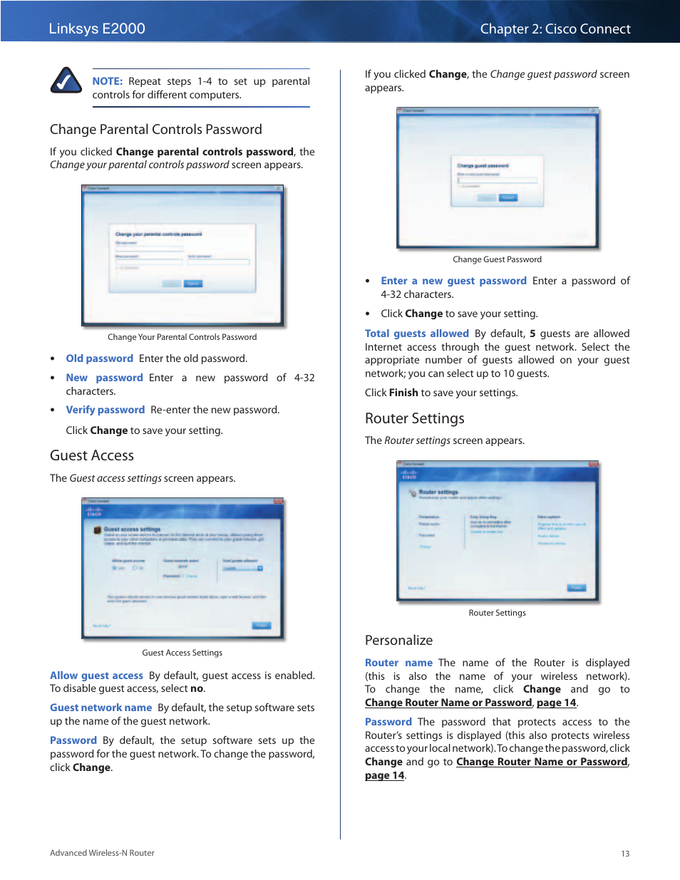 Guest access, Router settings, Guest access router settings | Change parental controls password, Personalize | Linksys E2000 User Manual | Page 13 / 59