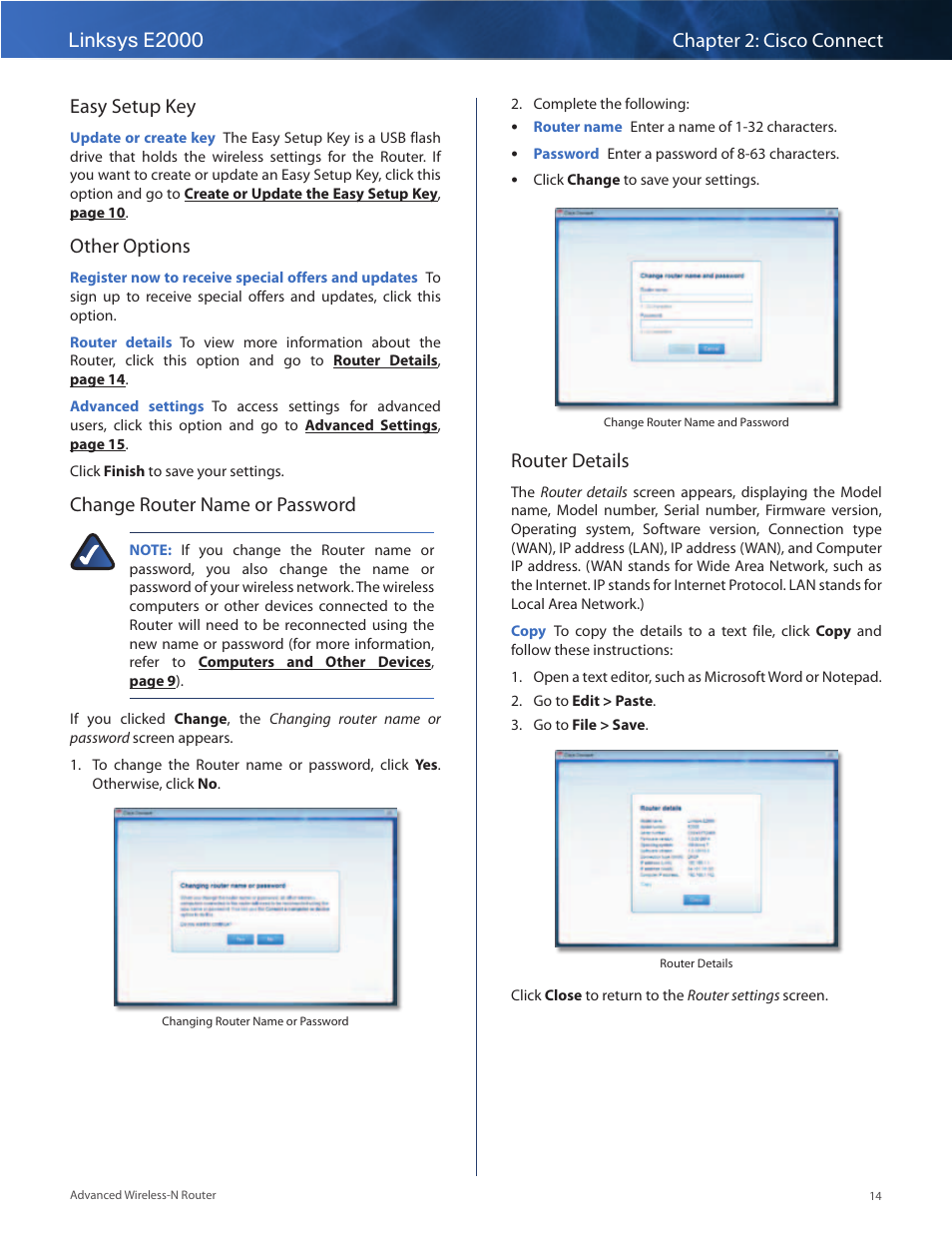 Easy setup key, Other options, Change router name or password | Router details | Linksys E2000 User Manual | Page 14 / 59