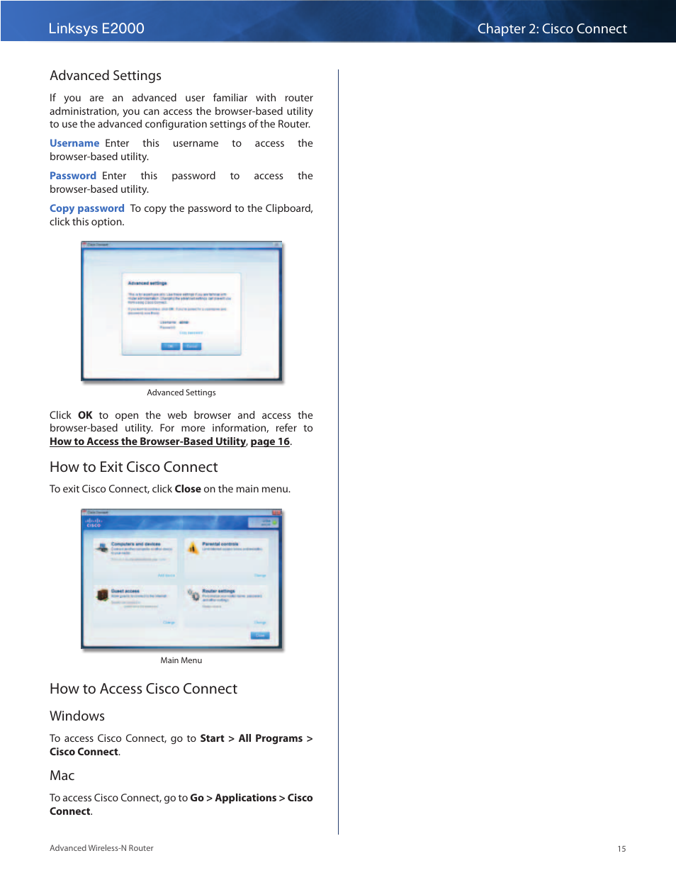 How to exit cisco connect, How to access cisco connect, Advanced settings | Windows | Linksys E2000 User Manual | Page 15 / 59