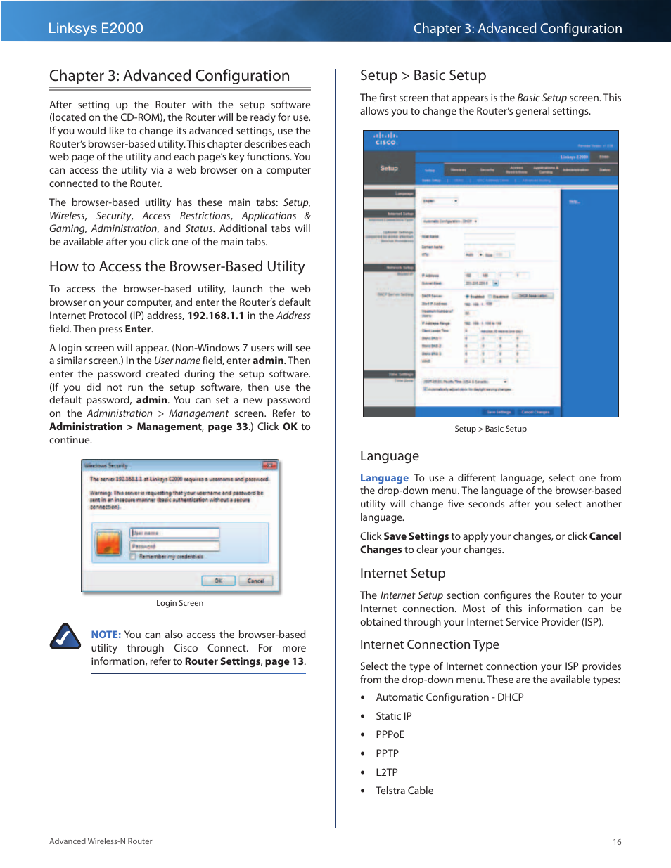 Chapter 3: advanced configuration, How to access the browser-based utility, Setup > basic setup | Language, Internet setup | Linksys E2000 User Manual | Page 16 / 59