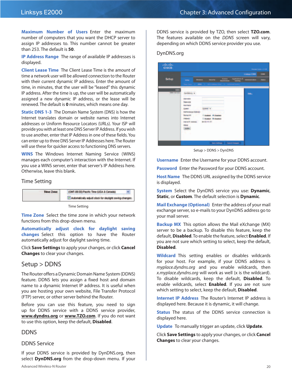 Setup > ddns, Ddns | Linksys E2000 User Manual | Page 20 / 59