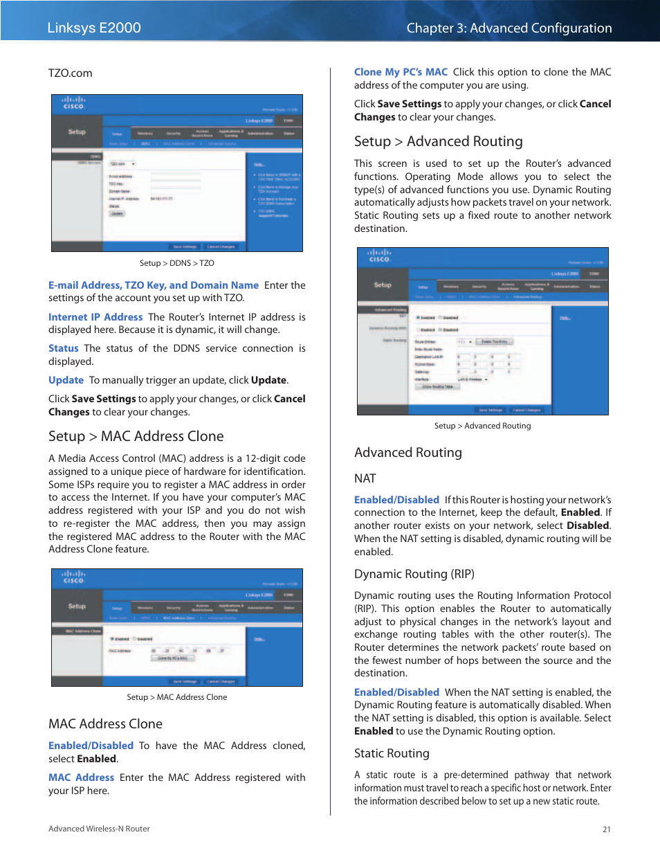 Setup > mac address clone, Setup > advanced routing, Setup > mac address clone setup > advanced routing | Mac address clone, Advanced routing | Linksys E2000 User Manual | Page 21 / 59