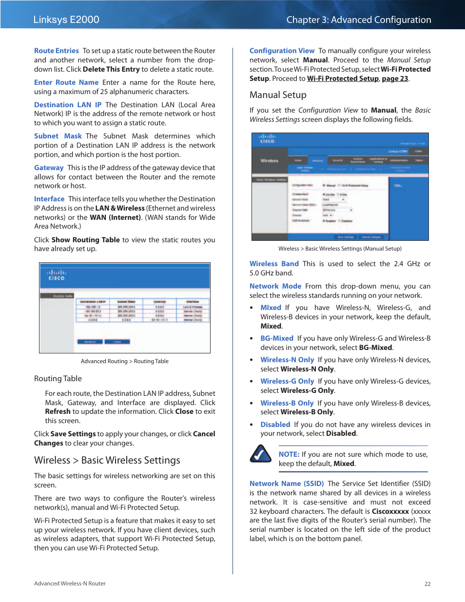Wireless > basic wireless settings, Manual setup | Linksys E2000 User Manual | Page 22 / 59