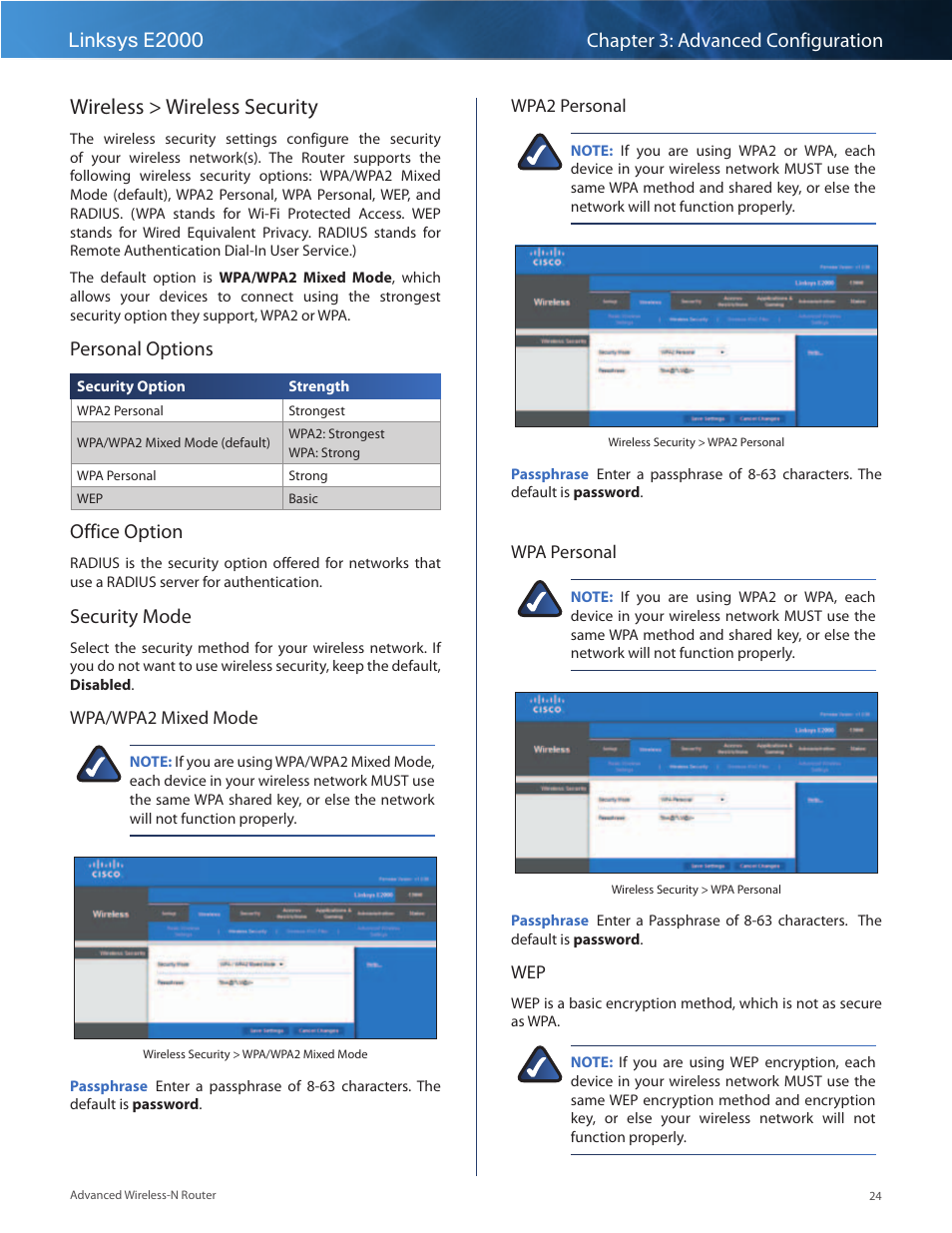 Wireless > wireless security, Personal options, Office option | Security mode | Linksys E2000 User Manual | Page 24 / 59
