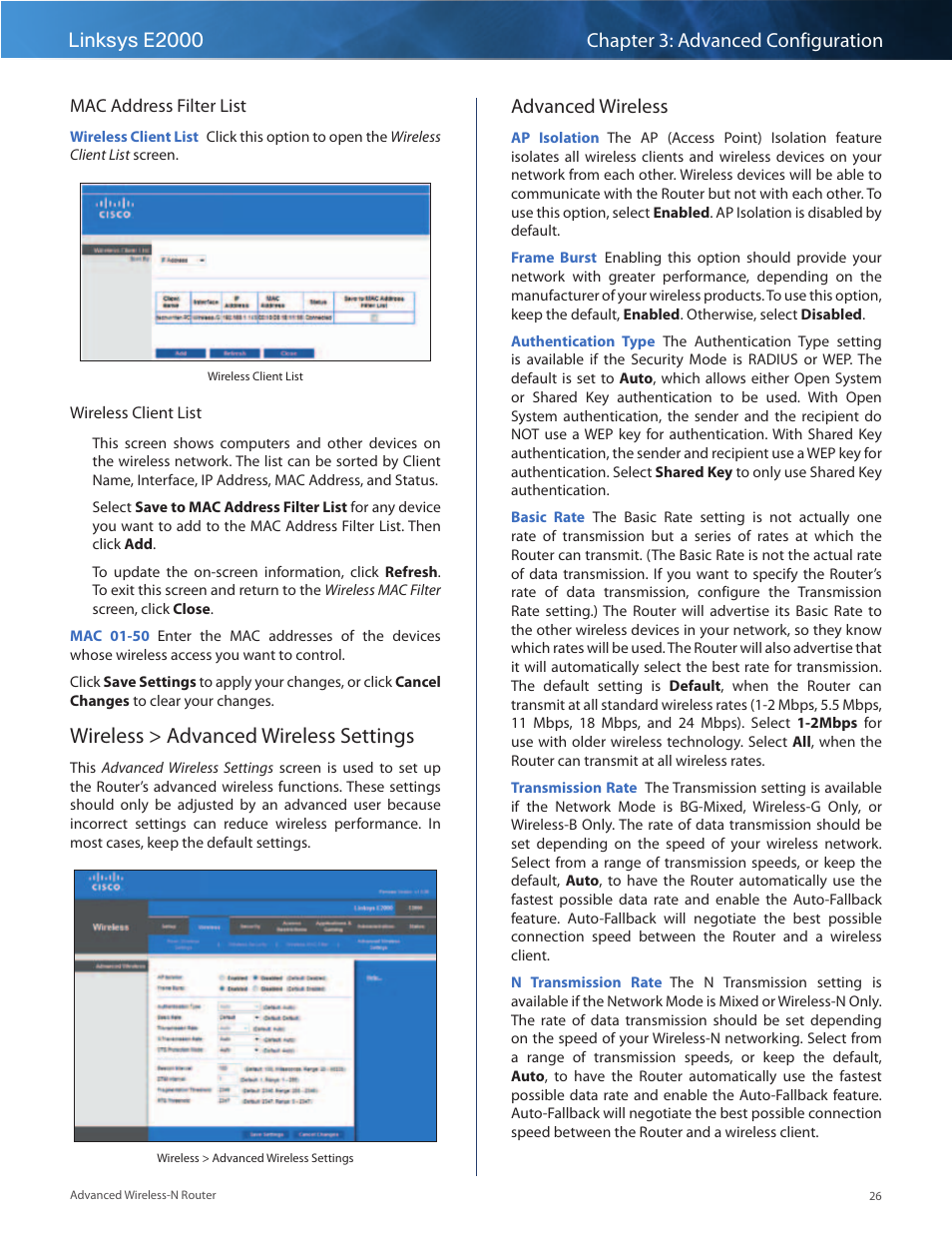 Wireless > advanced wireless settings, Advanced wireless | Linksys E2000 User Manual | Page 26 / 59
