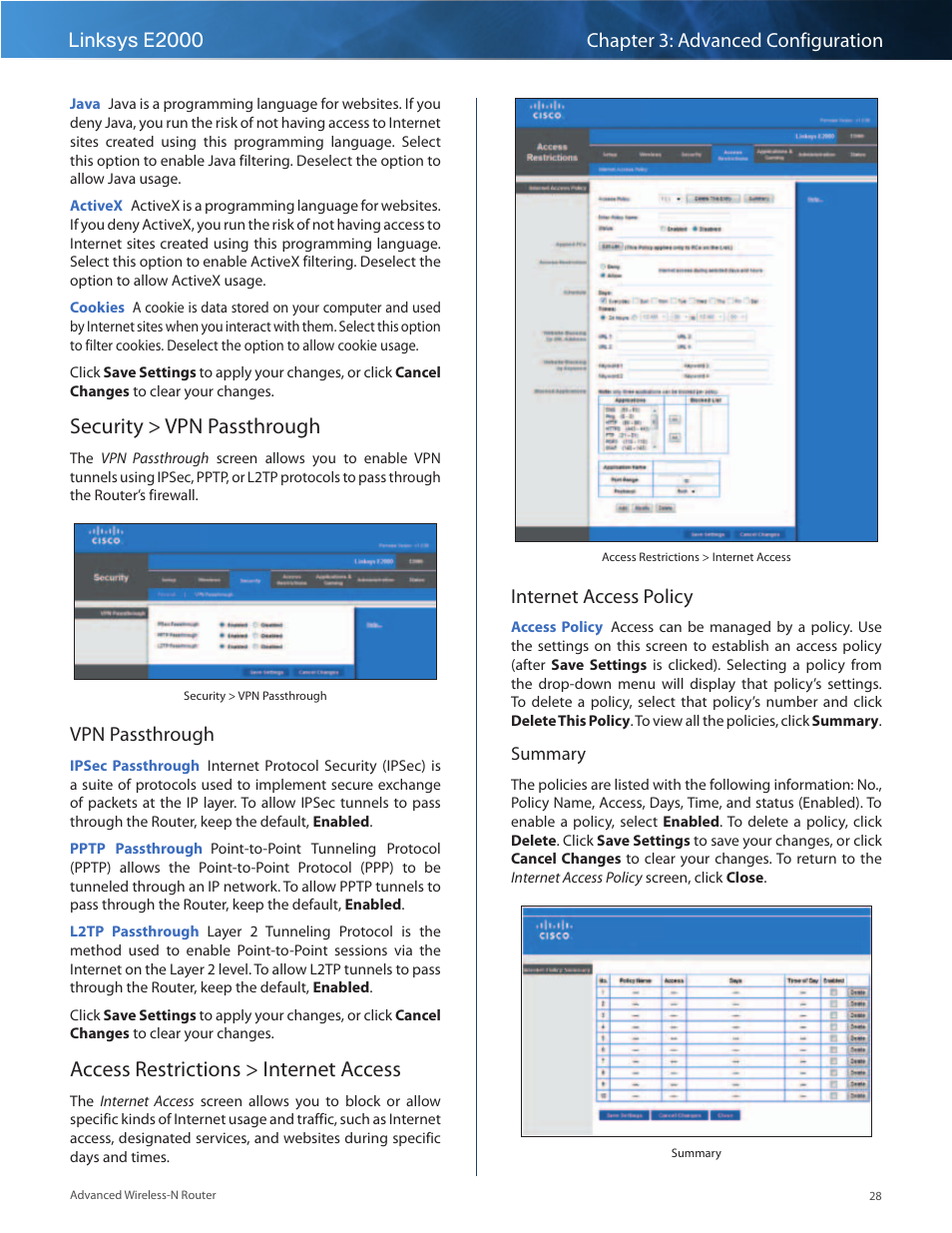 Security > vpn passthrough, Access restrictions > internet access, Vpn passthrough | Internet access policy | Linksys E2000 User Manual | Page 28 / 59