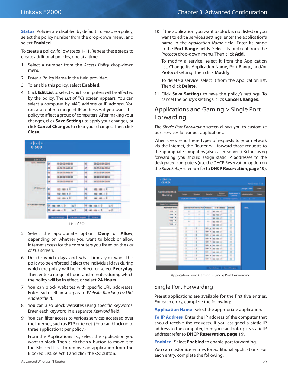 Applications and gaming > single port forwarding, Single port forwarding | Linksys E2000 User Manual | Page 29 / 59
