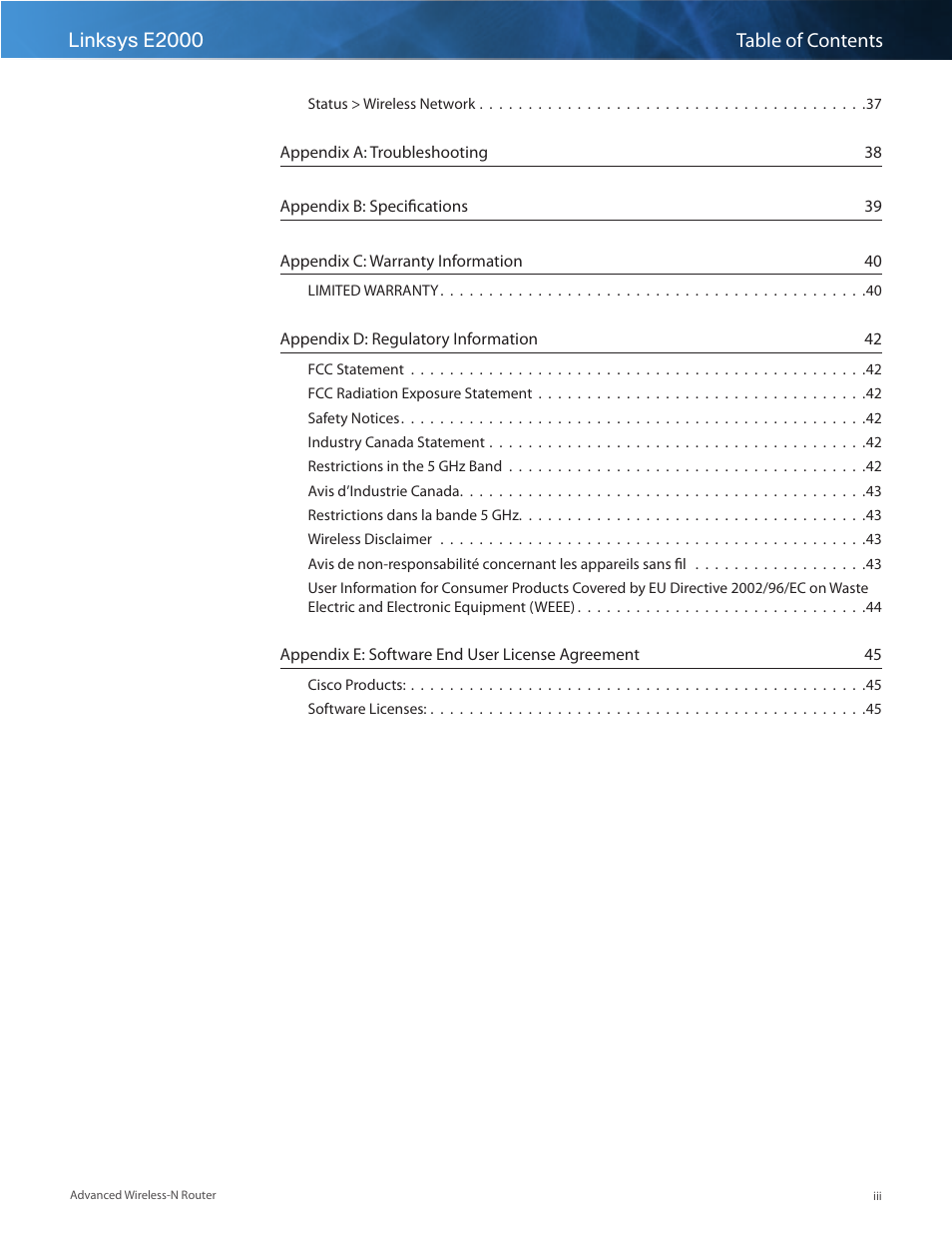 Linksys e2000 table of contents | Linksys E2000 User Manual | Page 3 / 59