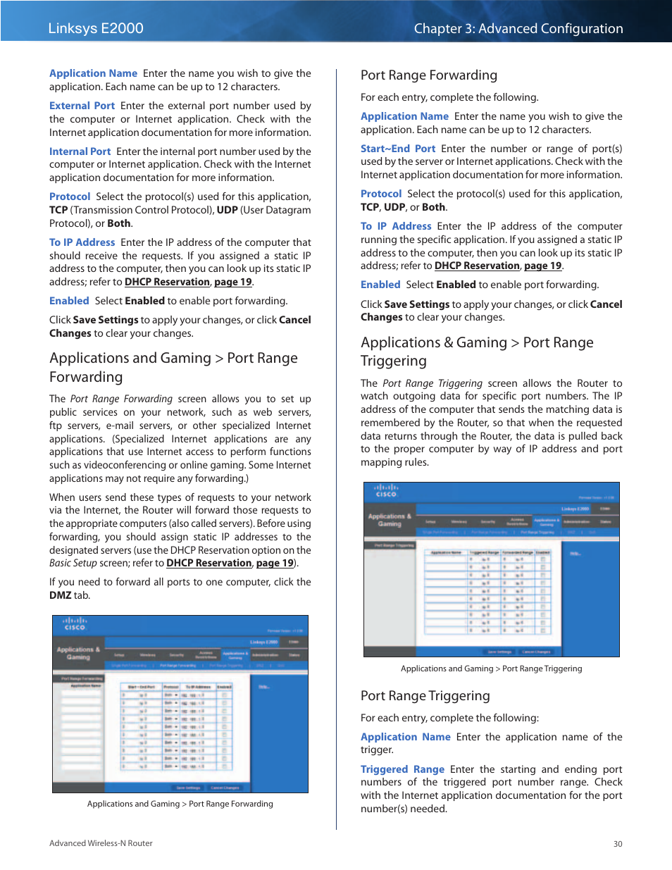 Applications and gaming > port range forwarding, Applications & gaming > port range triggering, Port range forwarding | Port range triggering | Linksys E2000 User Manual | Page 30 / 59