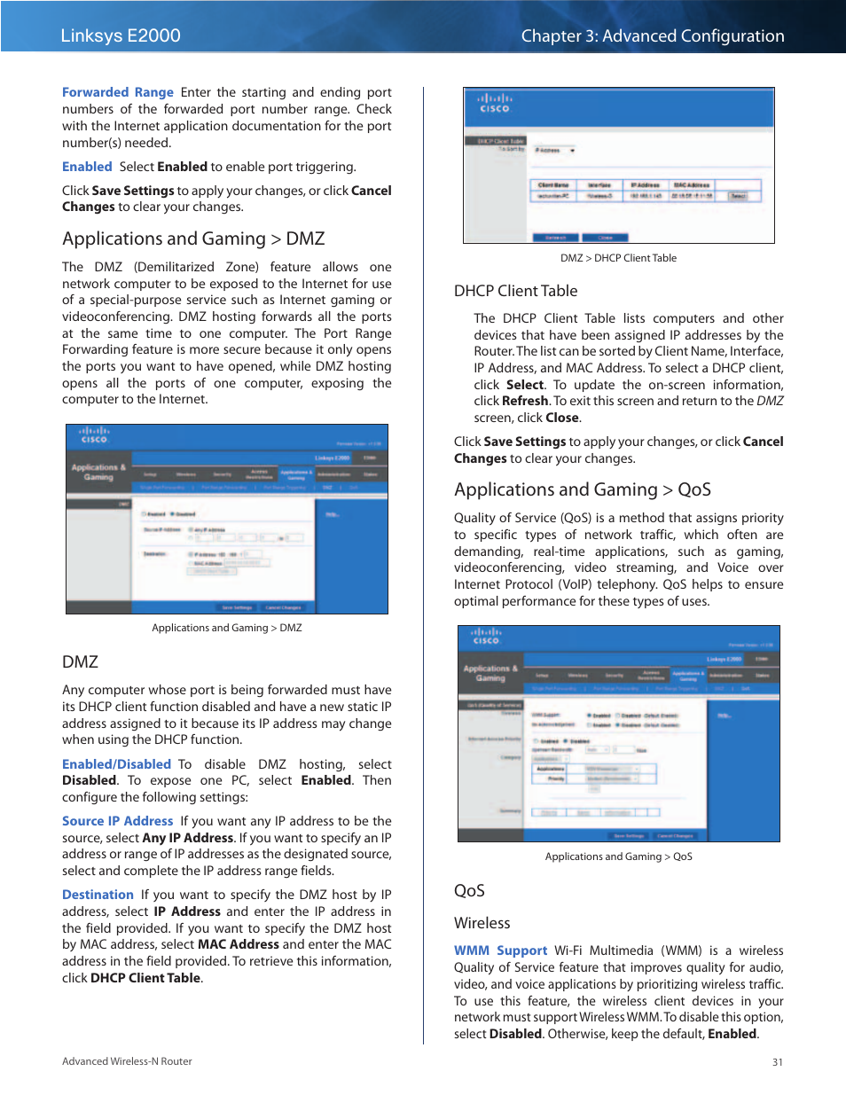 Applications and gaming > dmz, Applications and gaming > qos | Linksys E2000 User Manual | Page 31 / 59