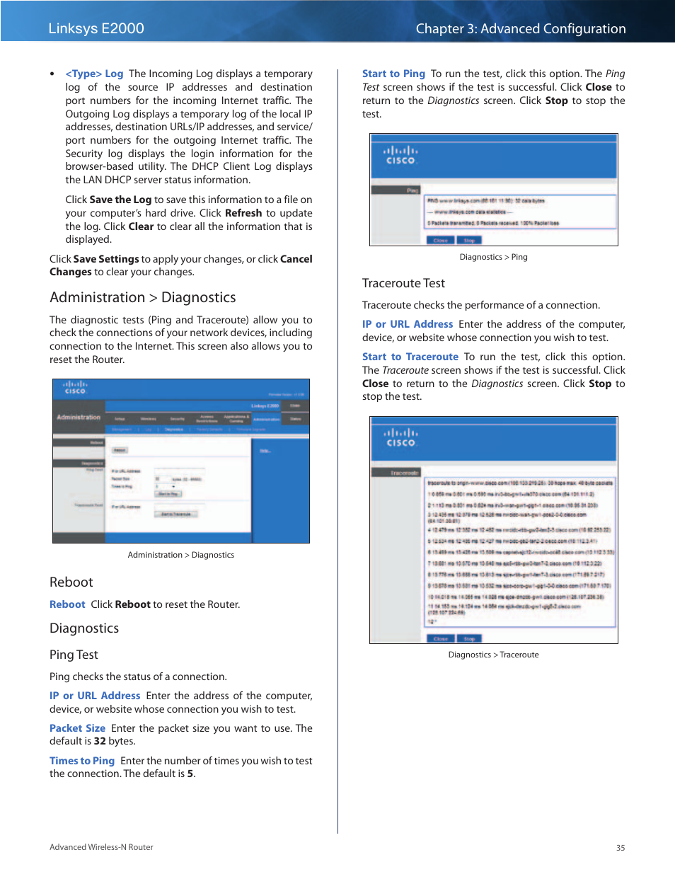 Administration > diagnostics, Reboot, Diagnostics | Linksys E2000 User Manual | Page 35 / 59