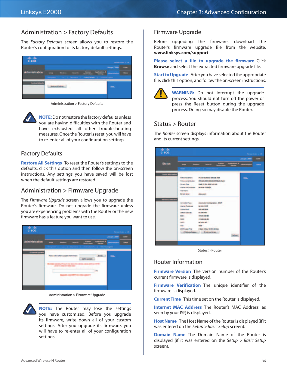 Administration > factory defaults, Administration > firmware upgrade, Status > router | Factory defaults, Firmware upgrade, Router information | Linksys E2000 User Manual | Page 36 / 59
