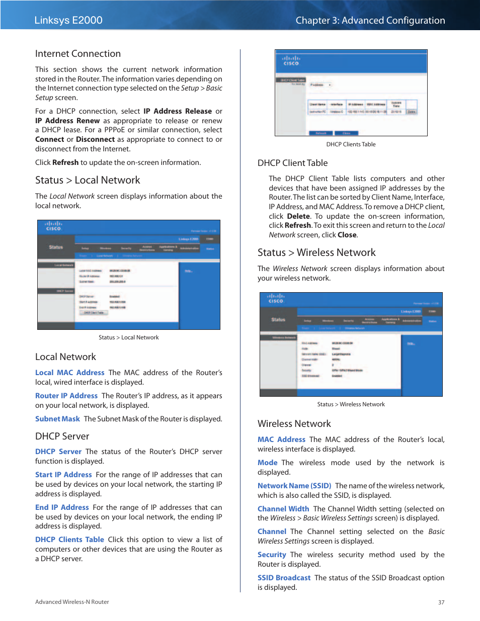 Status > local network, Status > wireless network, Local network | Dhcp server, Wireless network | Linksys E2000 User Manual | Page 37 / 59