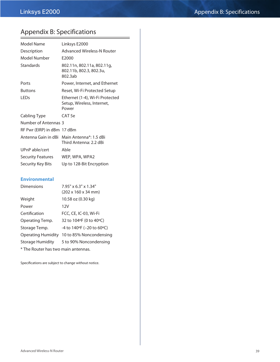Appendix b: specifications, Linksys e2000 appendix b: specifications | Linksys E2000 User Manual | Page 39 / 59