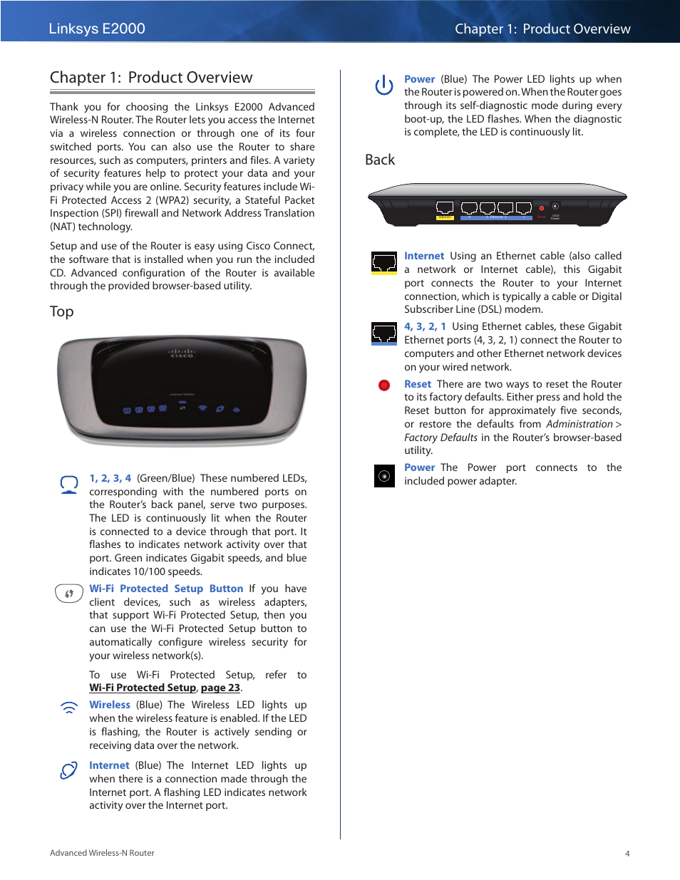 Chapter 1: product overview, Back, Top back | Linksys E2000 User Manual | Page 4 / 59