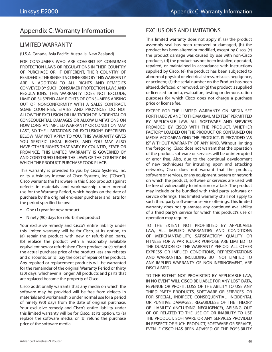 Appendix c: warranty information, Limited warranty, Linksys e2000 appendix c: warranty information | Exclusions and limitations | Linksys E2000 User Manual | Page 40 / 59