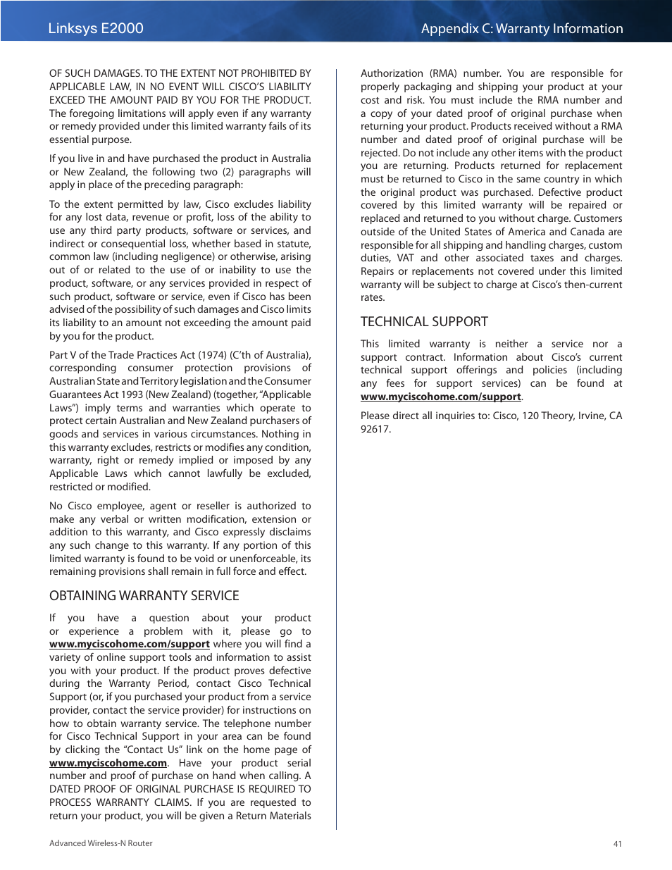 Linksys e2000 appendix c: warranty information, Obtaining warranty service, Technical support | Linksys E2000 User Manual | Page 41 / 59