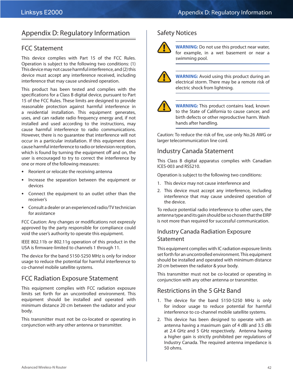 Appendix d: regulatory information, Fcc statement, Fcc radiation exposure statement | Safety notices, Industry canada statement, Restrictions in the 5 ghz band, Linksys e2000 appendix d: regulatory information, Industry canada radiation exposure statement | Linksys E2000 User Manual | Page 42 / 59