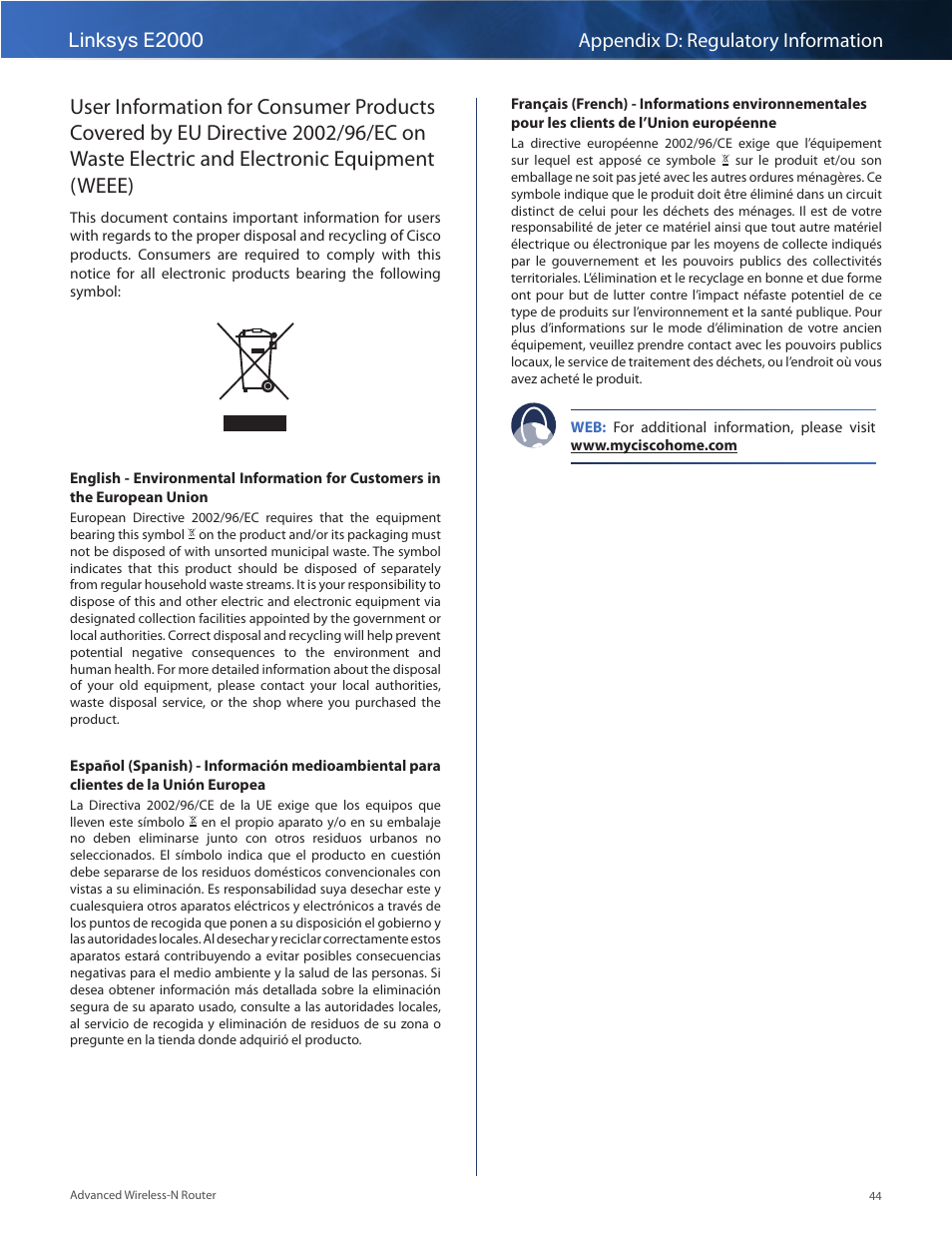 Electric and electronic equipment (weee), Linksys e2000 appendix d: regulatory information | Linksys E2000 User Manual | Page 44 / 59