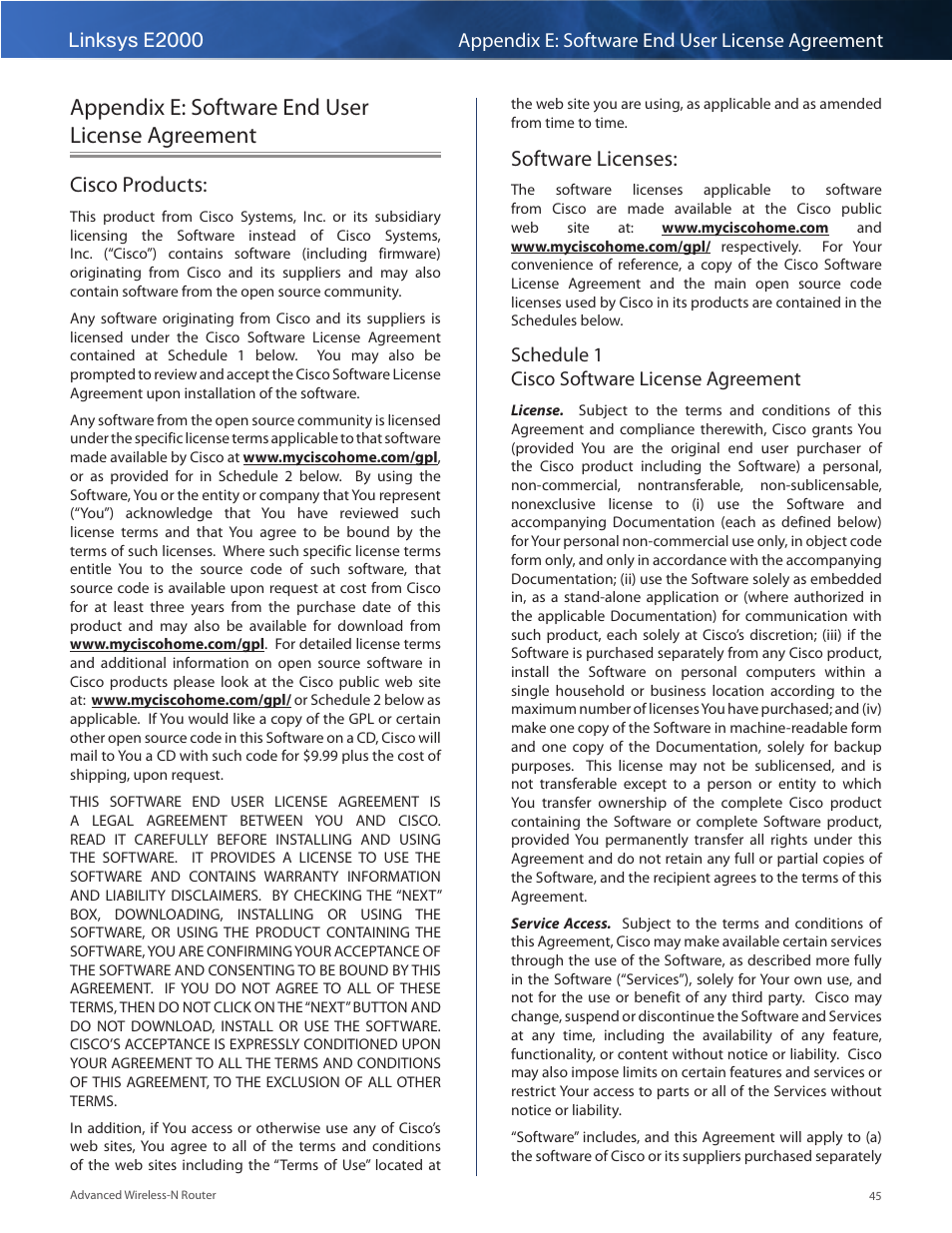 Appendix e: software end user license agreement, Cisco products, Software licenses | Cisco products: software licenses, Schedule 1 cisco software license agreement | Linksys E2000 User Manual | Page 45 / 59