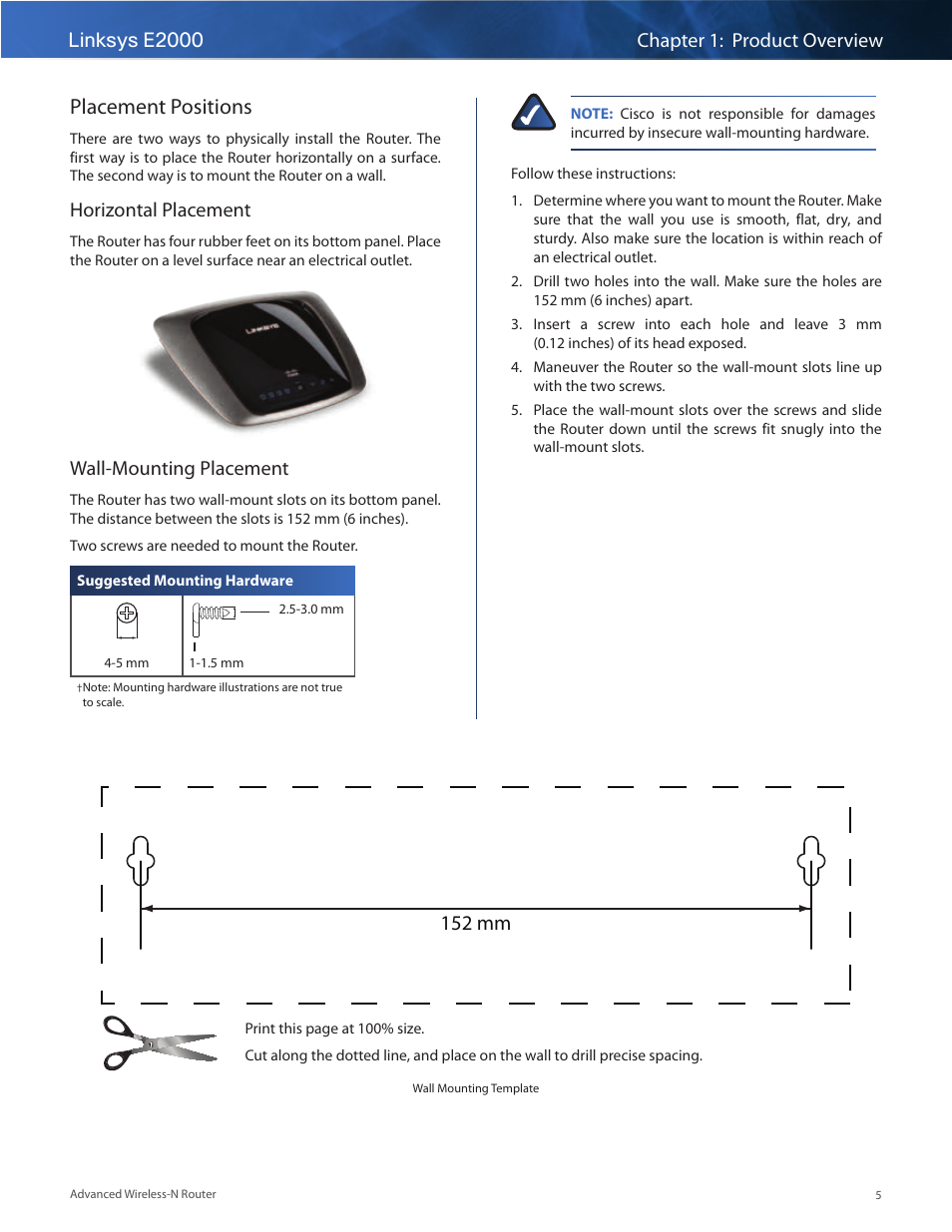 Placement positions, Horizontal placement, Wall-mounting placement | 152 mm | Linksys E2000 User Manual | Page 5 / 59