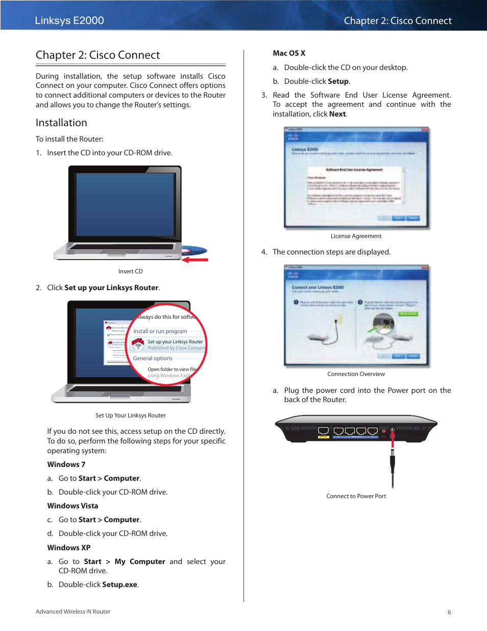 Chapter 2: cisco connect, Installation, 2 . click set up your linksys router | Dvd/cd-rw drive (e:) linksys router setup, 4 . the connection steps are displayed | Linksys E2000 User Manual | Page 6 / 59