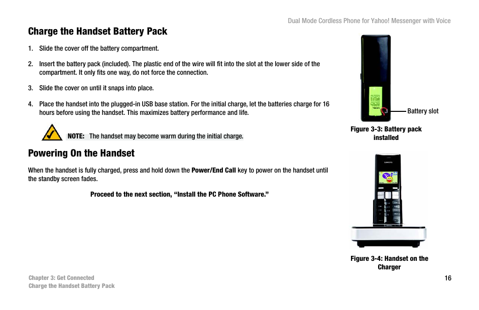 Charge the handset battery pack, Powering on the handset | Linksys CIT310 User Manual | Page 22 / 70