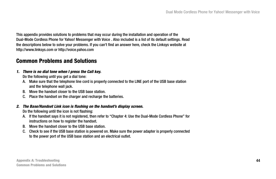 Appendix a: troubleshooting, Common problems and solutions | Linksys CIT310 User Manual | Page 50 / 70