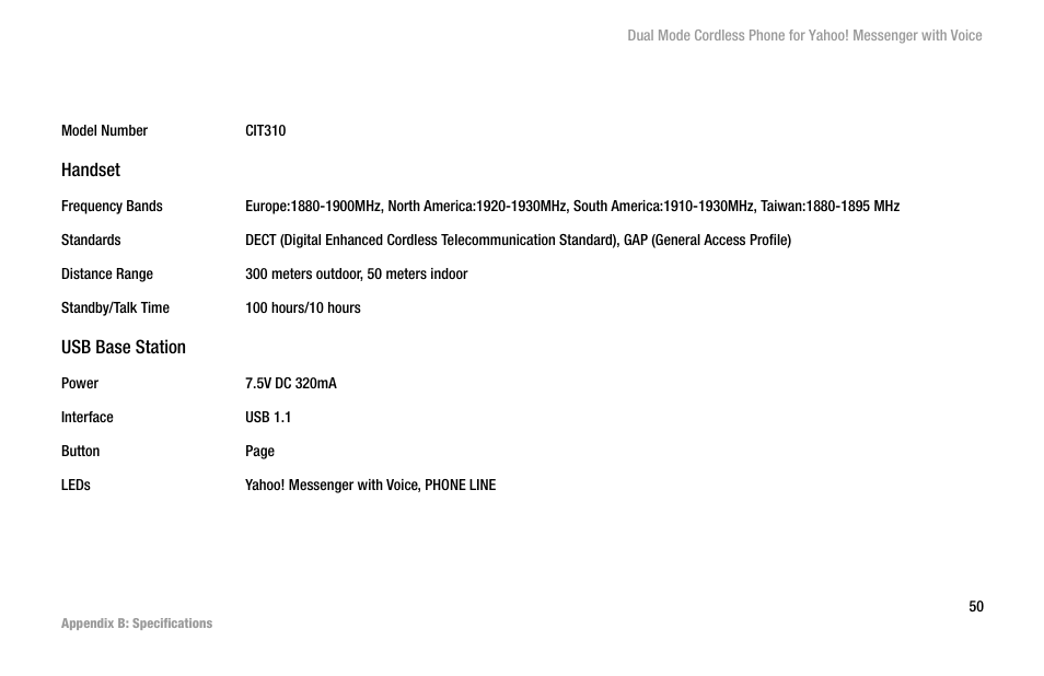 Appendix b: specifications | Linksys CIT310 User Manual | Page 56 / 70