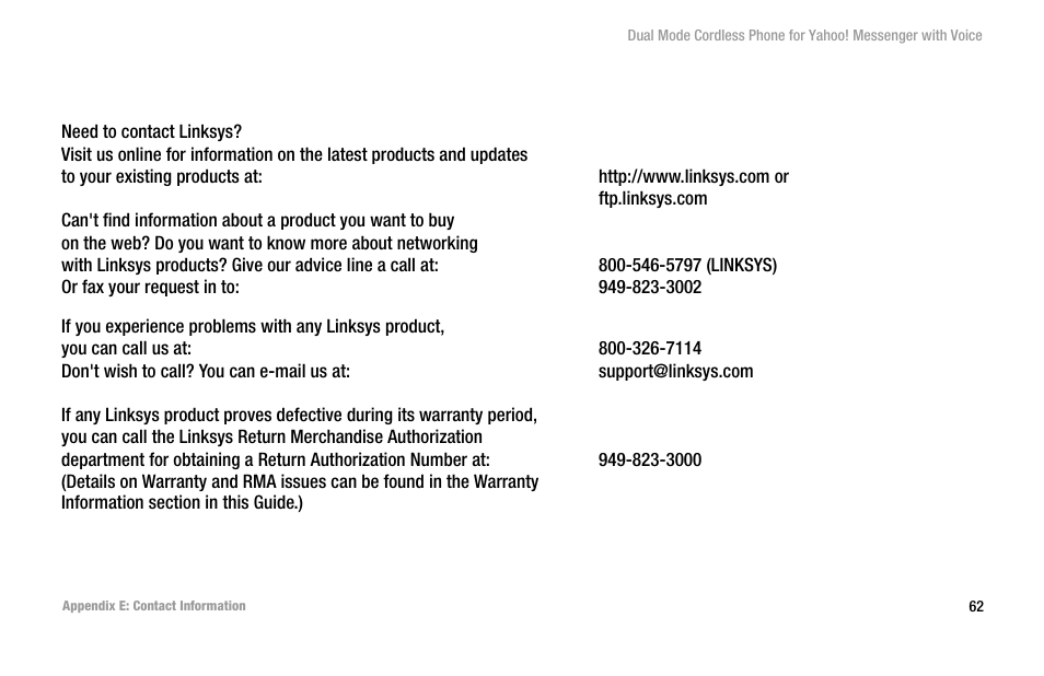 Appendix e: contact information | Linksys CIT310 User Manual | Page 68 / 70