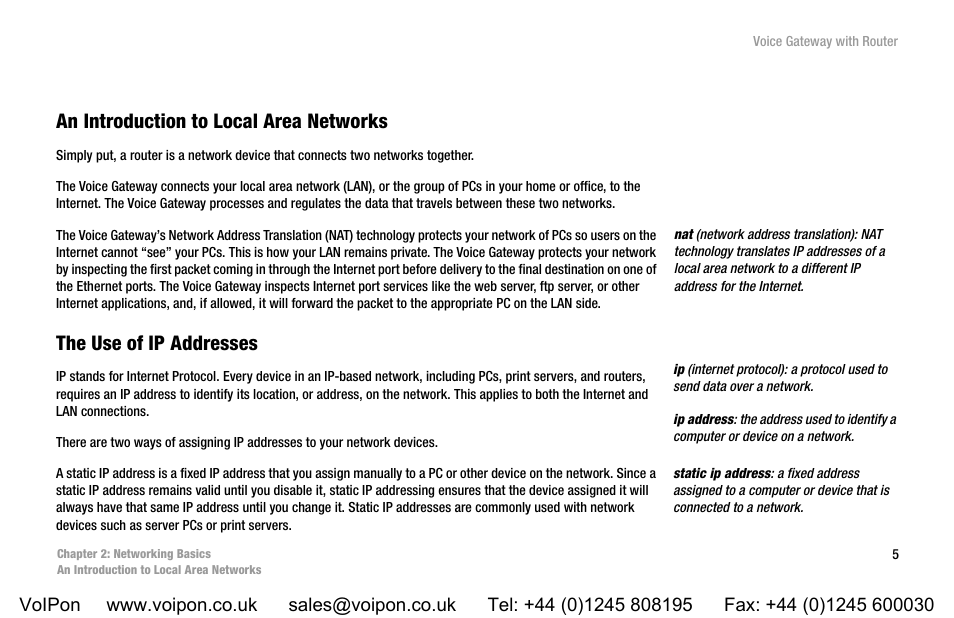 Chapter 2: networking basics, An introduction to local area networks, The use of ip addresses | Linksys SPA3102 User Manual | Page 13 / 100