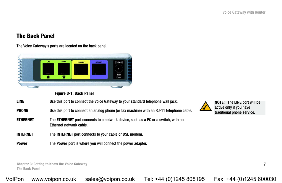 Chapter 3: getting to know the voice gateway, The back panel | Linksys SPA3102 User Manual | Page 15 / 100