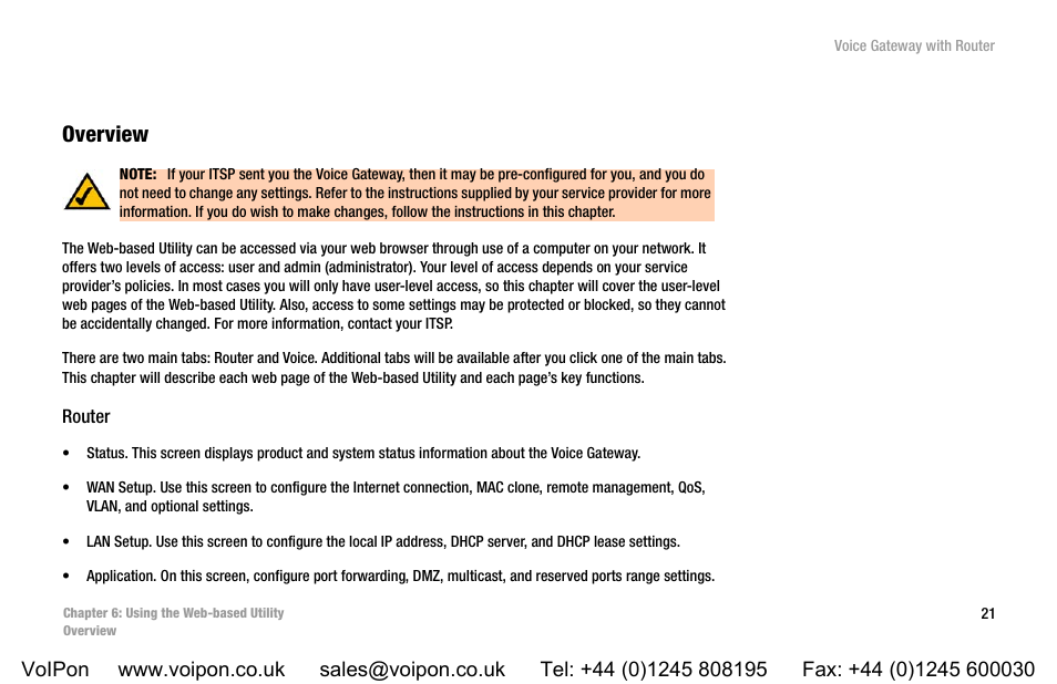 Chapter 6: using the web-based utility, Overview | Linksys SPA3102 User Manual | Page 29 / 100