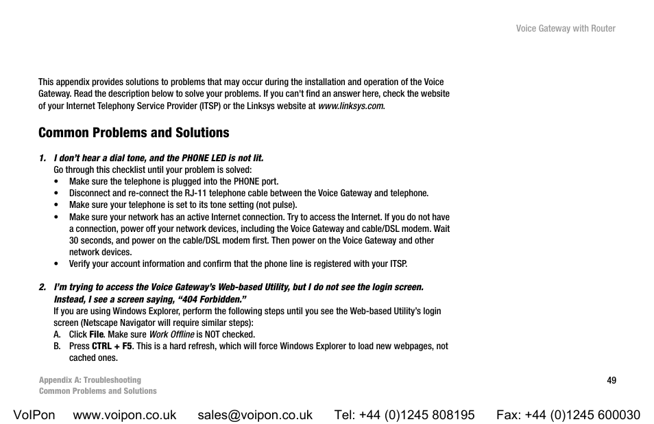 Appendix a: troubleshooting, Common problems and solutions | Linksys SPA3102 User Manual | Page 57 / 100