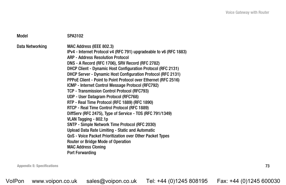 Appendix e: specifications | Linksys SPA3102 User Manual | Page 81 / 100