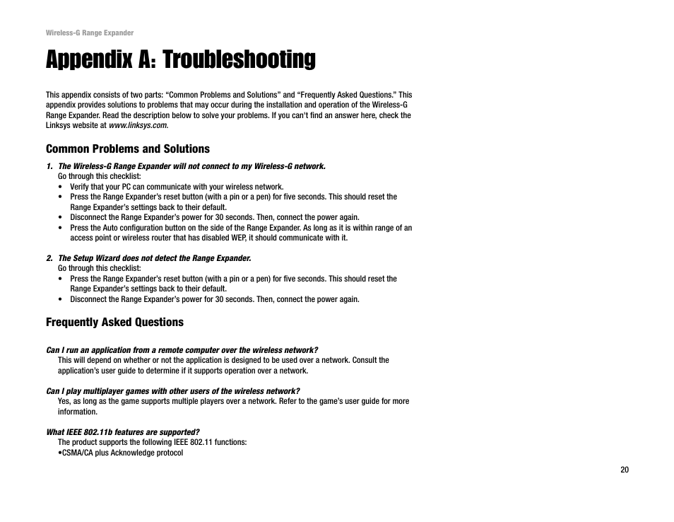 Appendix a: troubleshooting, Common problems and solutions, Frequently asked questions | Linksys Network Router User Manual | Page 23 / 42