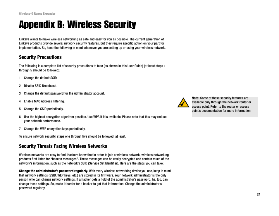 Appendix b: wireless security | Linksys Network Router User Manual | Page 27 / 42