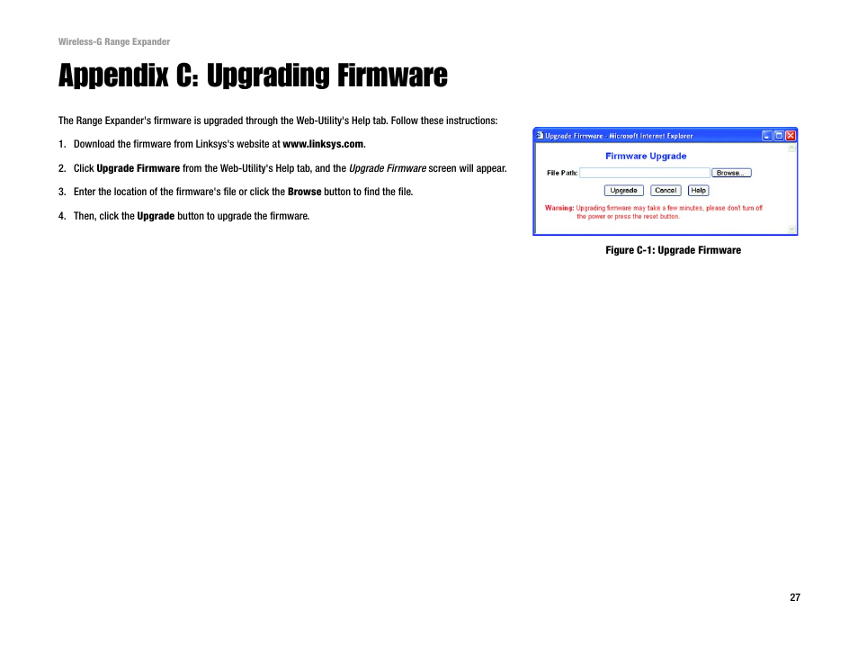 Appendix c: upgrading firmware | Linksys Network Router User Manual | Page 30 / 42