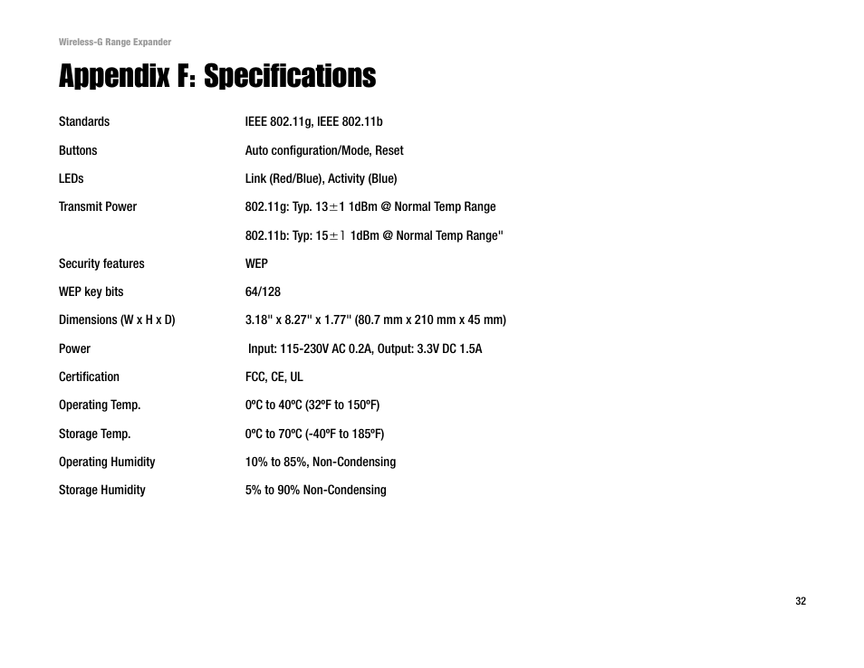 Appendix f: specifications | Linksys Network Router User Manual | Page 35 / 42