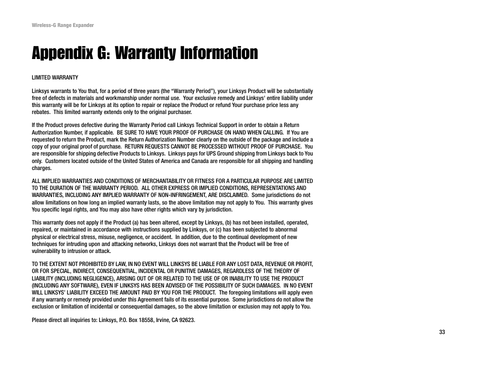 Appendix g: warranty information | Linksys Network Router User Manual | Page 36 / 42