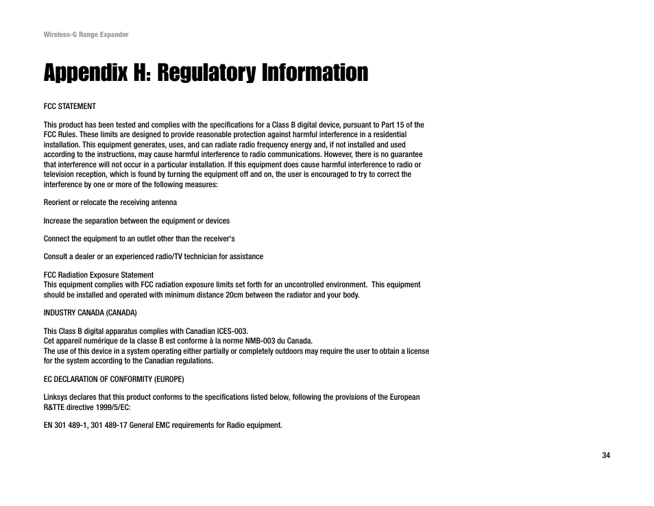 Appendix h: regulatory information | Linksys Network Router User Manual | Page 37 / 42