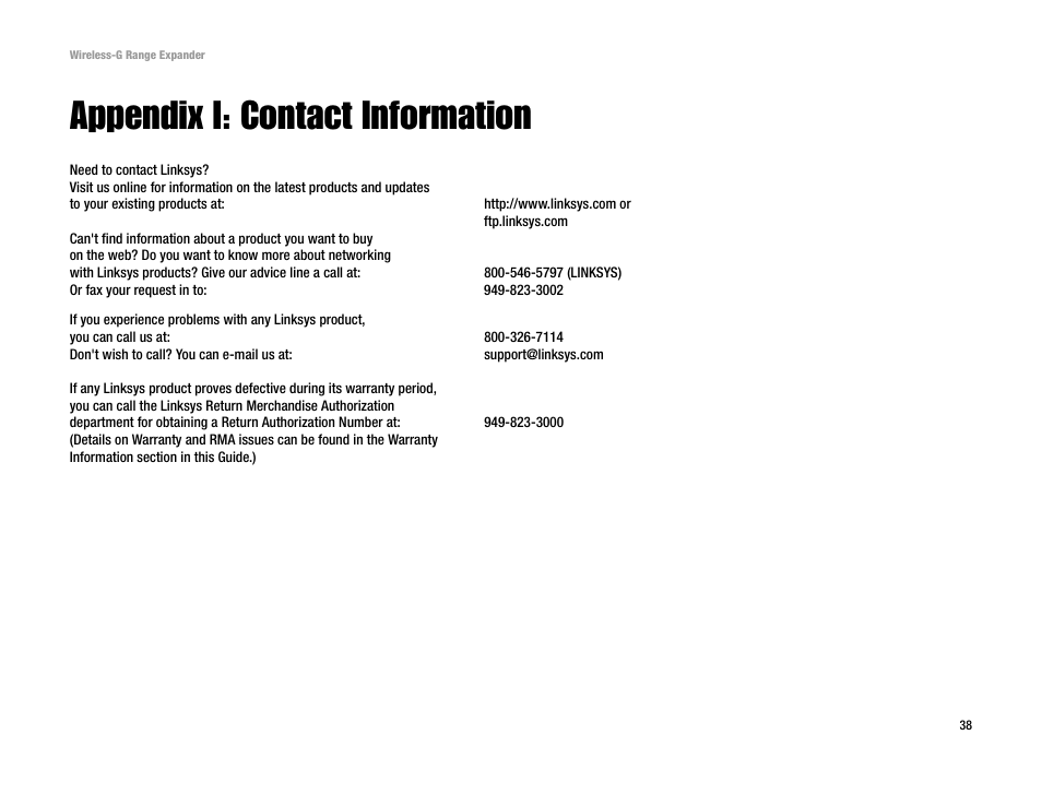 Appendix i: contact information | Linksys Network Router User Manual | Page 41 / 42