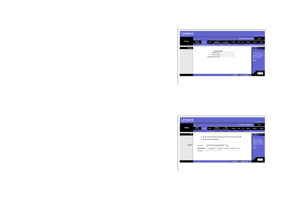 Setup tab - password, Setup tab - time | Linksys RV082 User Manual | Page 32 / 103